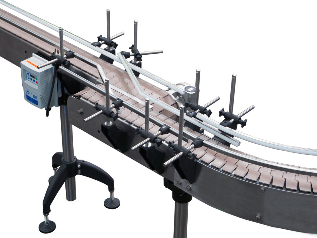 Automated conveyor system with adjustable guides, showcasing advanced design for efficient material handling in industrial settings.